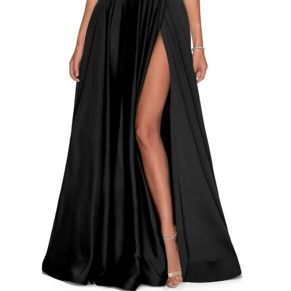 La Femme Black Sleeveless V-Neck High Leg Slit A-Line Gown - Picture 2 of 4